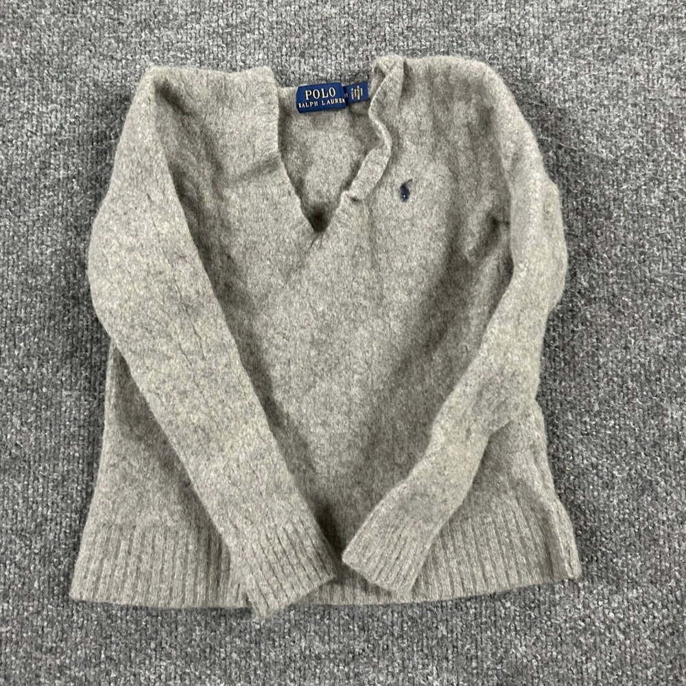 Polo Ralph Lauren Sweater Womens Size M Gray Wool Cashmere V-Neck Knit Pullover